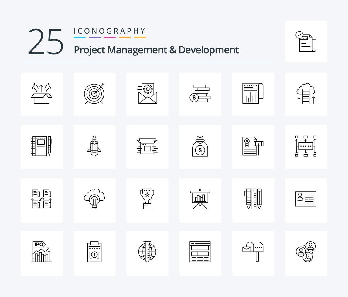 Project Management And Development 25 Line icon pack including business. ghold. focus. cash. integration vector