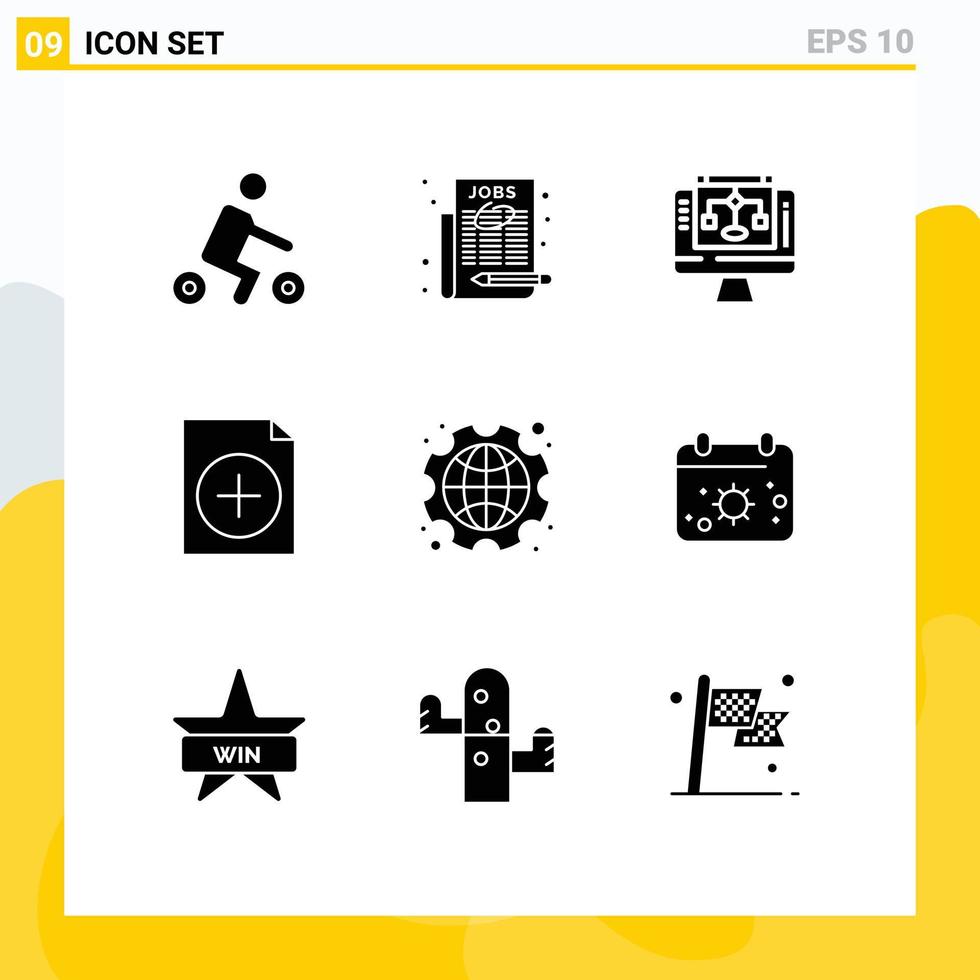 grupo de 9 signos y símbolos de glifos sólidos para compartir datos internacionales de engranajes agregar nuevos elementos de diseño de vectores editables