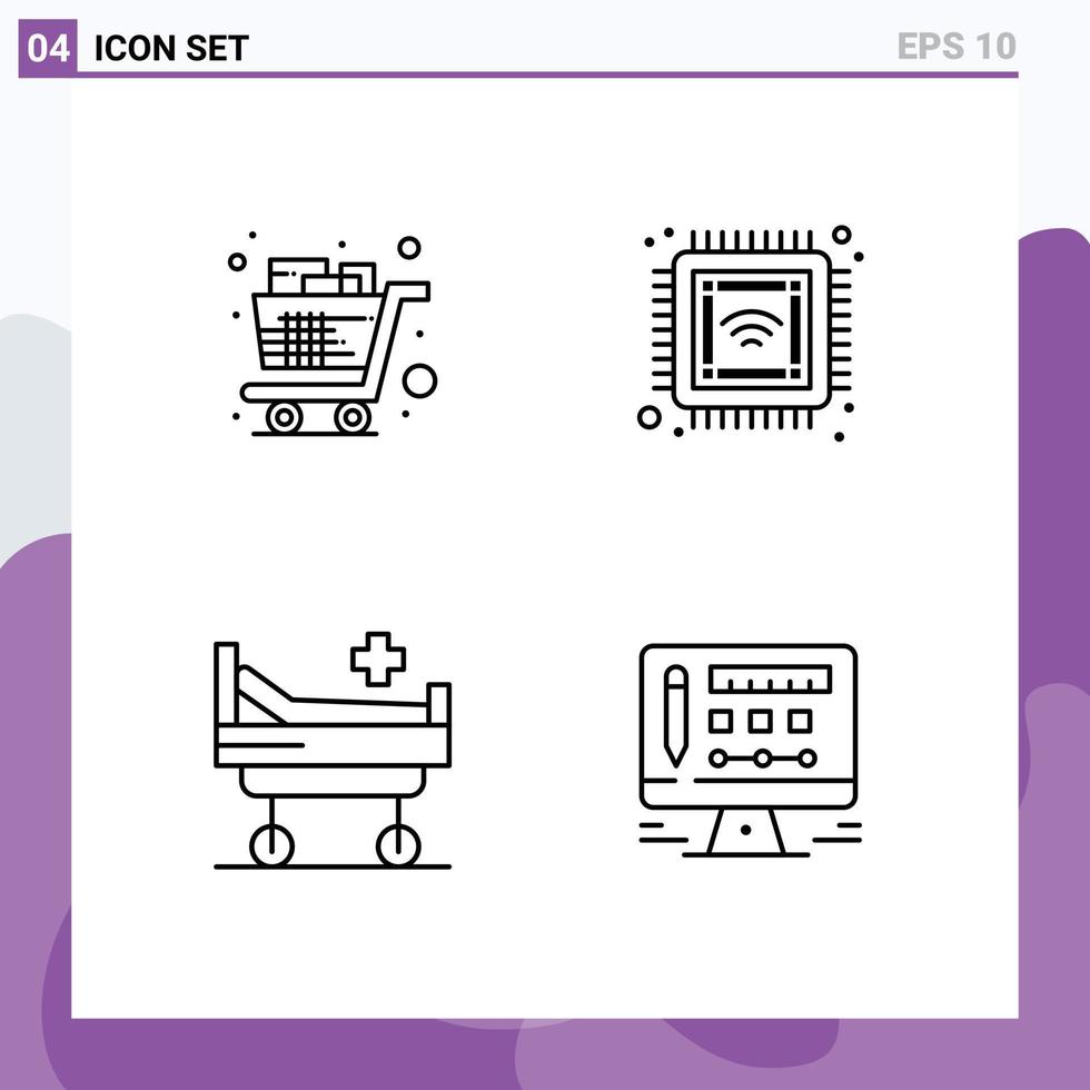 4 User Interface Line Pack of modern Signs and Symbols of cart bed shopping computer medical Editable Vector Design Elements