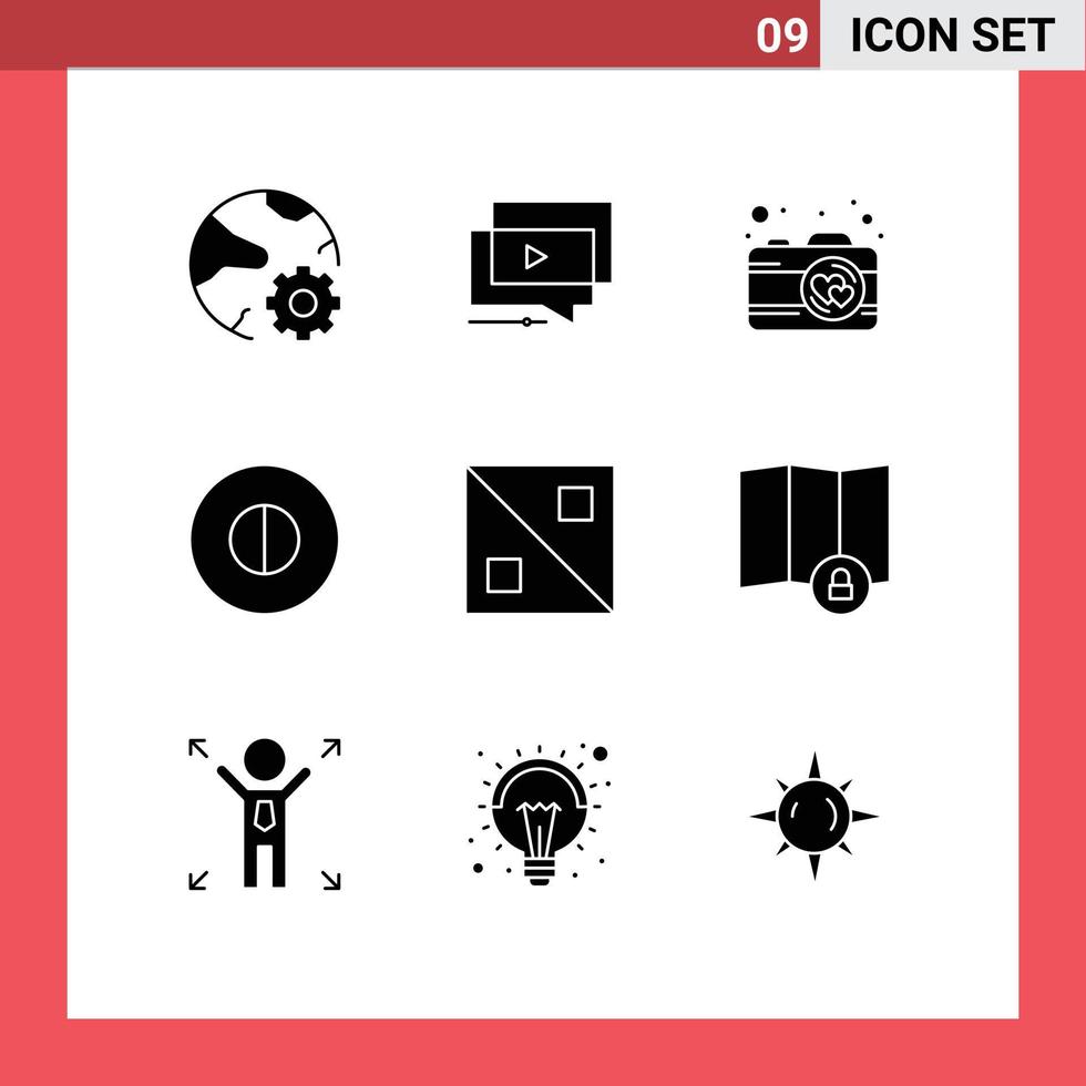 Set of 9 Vector Solid Glyphs on Grid for design symbols video beliefs pictures Editable Vector Design Elements