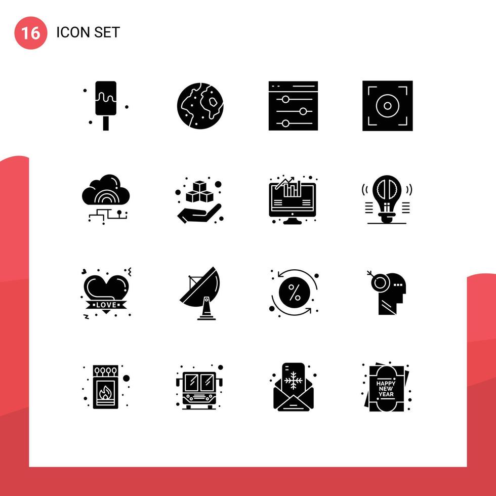 16 Thematic Vector Solid Glyphs and Editable Symbols of link network communication video cinema Editable Vector Design Elements