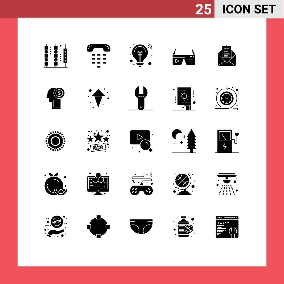 Pack of 25 Modern Solid Glyphs Signs and Symbols for Web Print Media such as glasses computing device computer innovation Editable Vector Design Elements