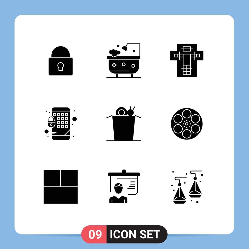 Modern Set of 9 Solid Glyphs Pictograph of food mobile bed lock penalty Editable Vector Design Elements