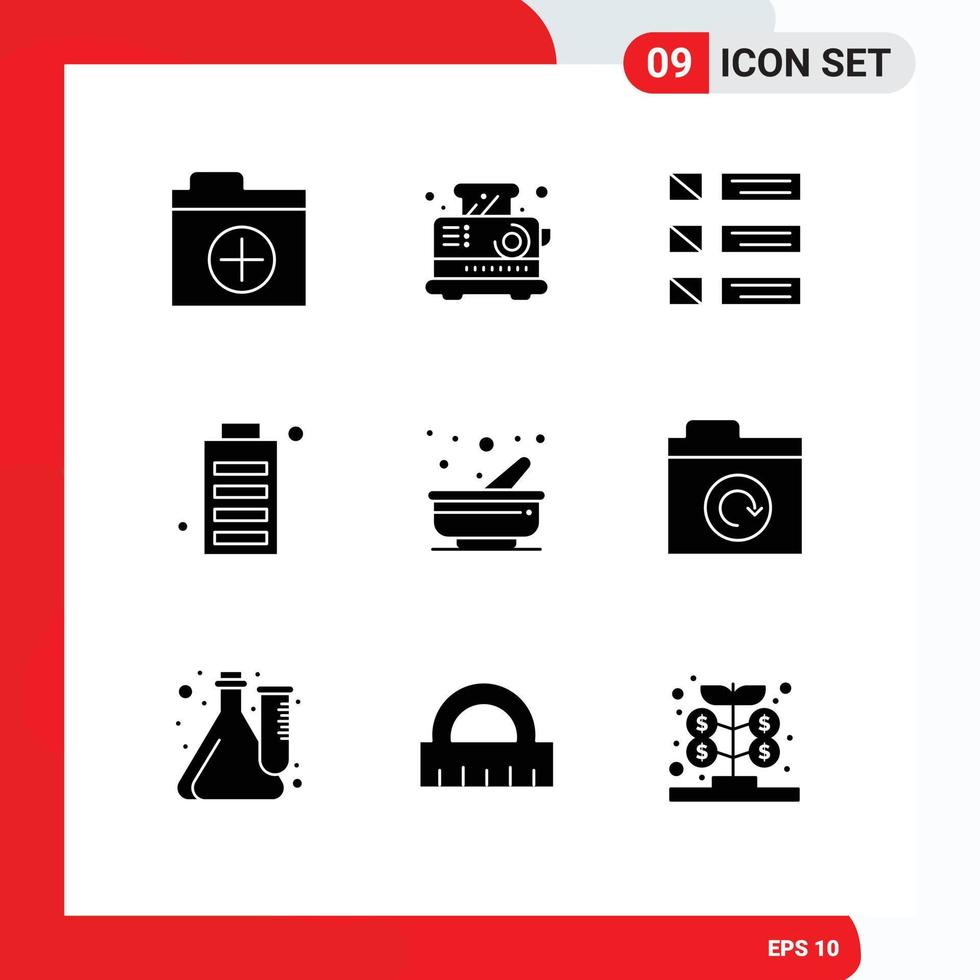 Mobile Interface Solid Glyph Set of 9 Pictograms of cooking full detail devices battery Editable Vector Design Elements