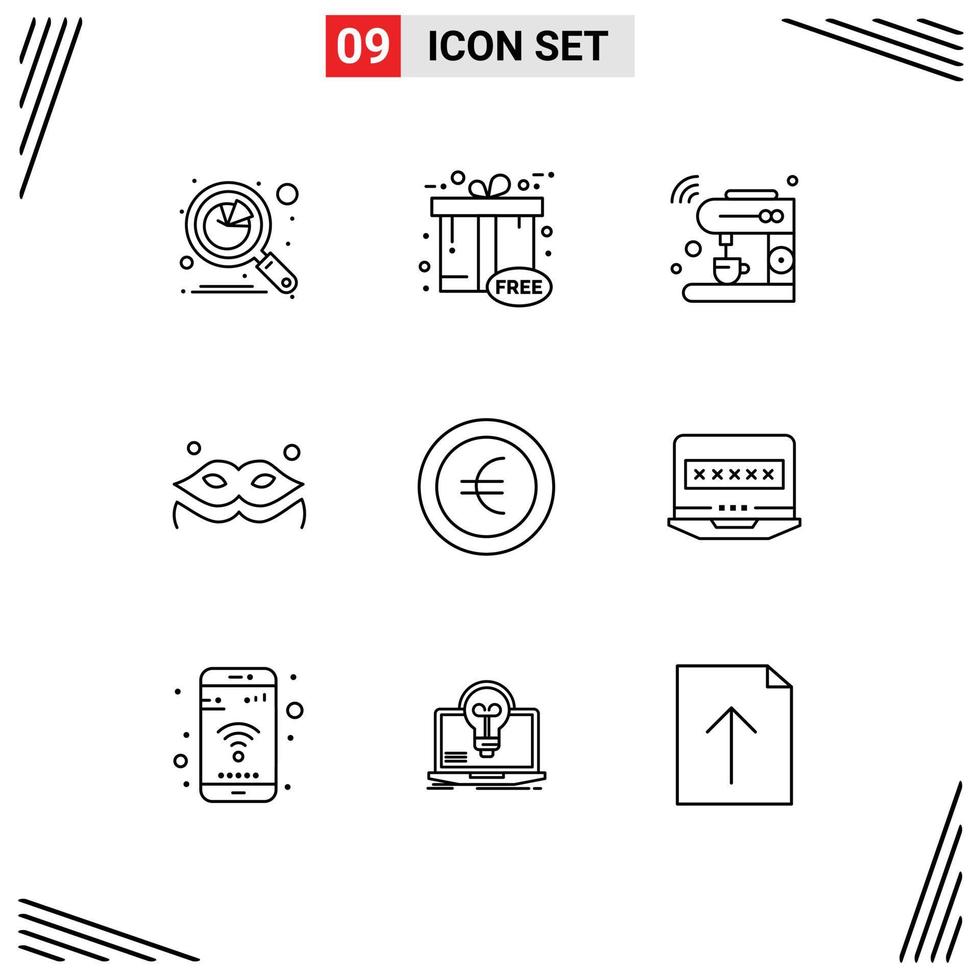 9 User Interface Outline Pack of modern Signs and Symbols of coin mask gift box costume machine Editable Vector Design Elements