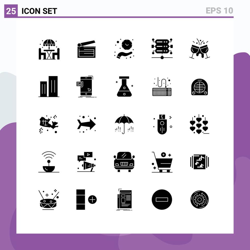 Group of 25 Solid Glyphs Signs and Symbols for cafe network clapperboard database time Editable Vector Design Elements