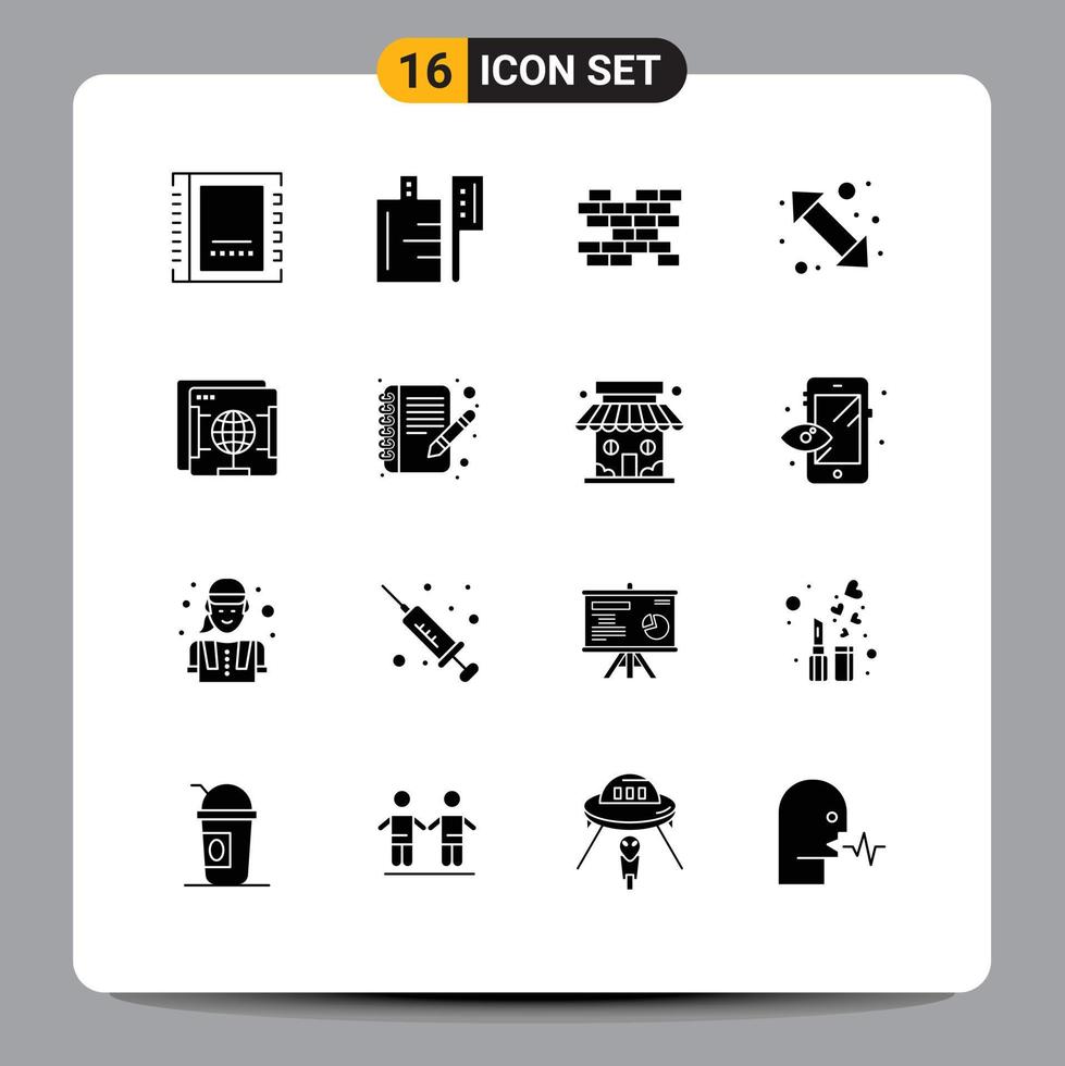 Modern Set of 16 Solid Glyphs and symbols such as internet up right brick right go Editable Vector Design Elements