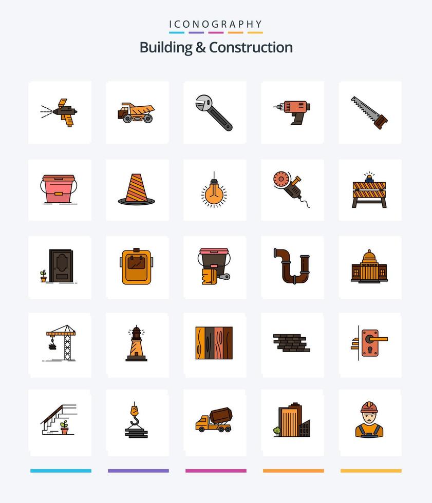 Creative Building And Construction 25 Line FIlled icon pack  Such As electronics. machine. wrench. power. tool vector