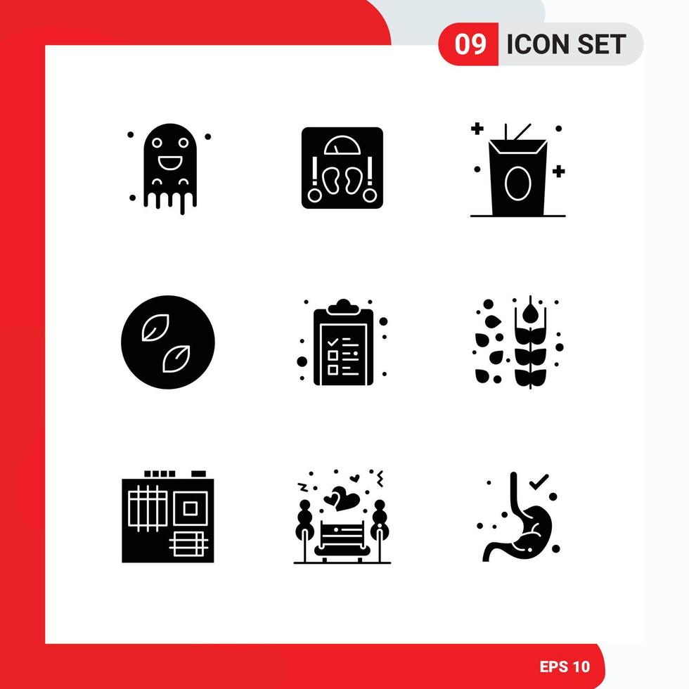 Solid Glyph Pack of 9 Universal Symbols of check list nature drink leaves ecology Editable Vector Design Elements