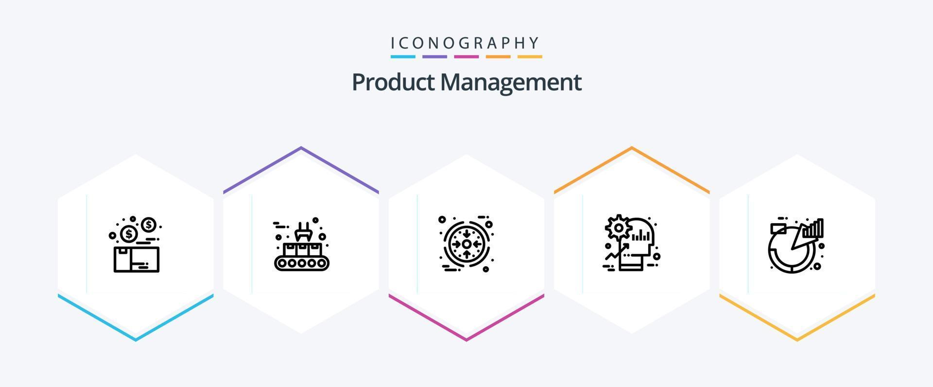Product Management 25 Line icon pack including productivity. mind. production line. head. product vector