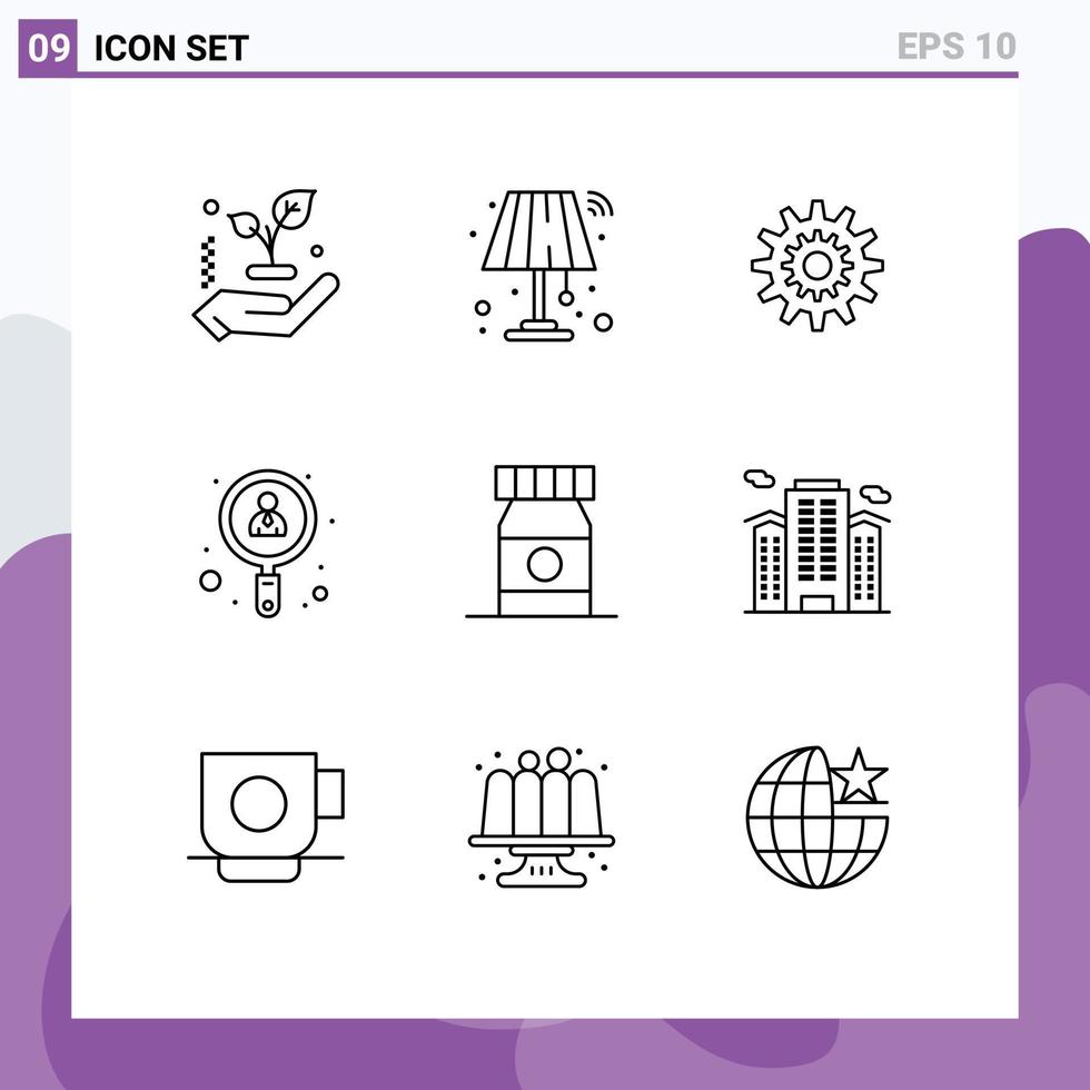 Pack of 9 Modern Outlines Signs and Symbols for Web Print Media such as job search cog employee wheel Editable Vector Design Elements