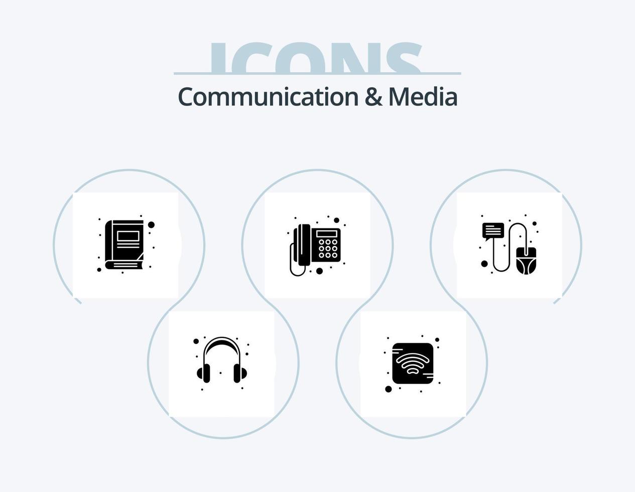 Communication And Media Glyph Icon Pack 5 Icon Design. mouse. click. read. chat. phone vector