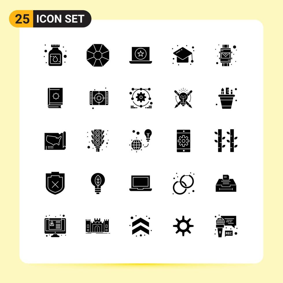 Mobile Interface Solid Glyph Set of 25 Pictograms of smart wrist email favorite study education Editable Vector Design Elements