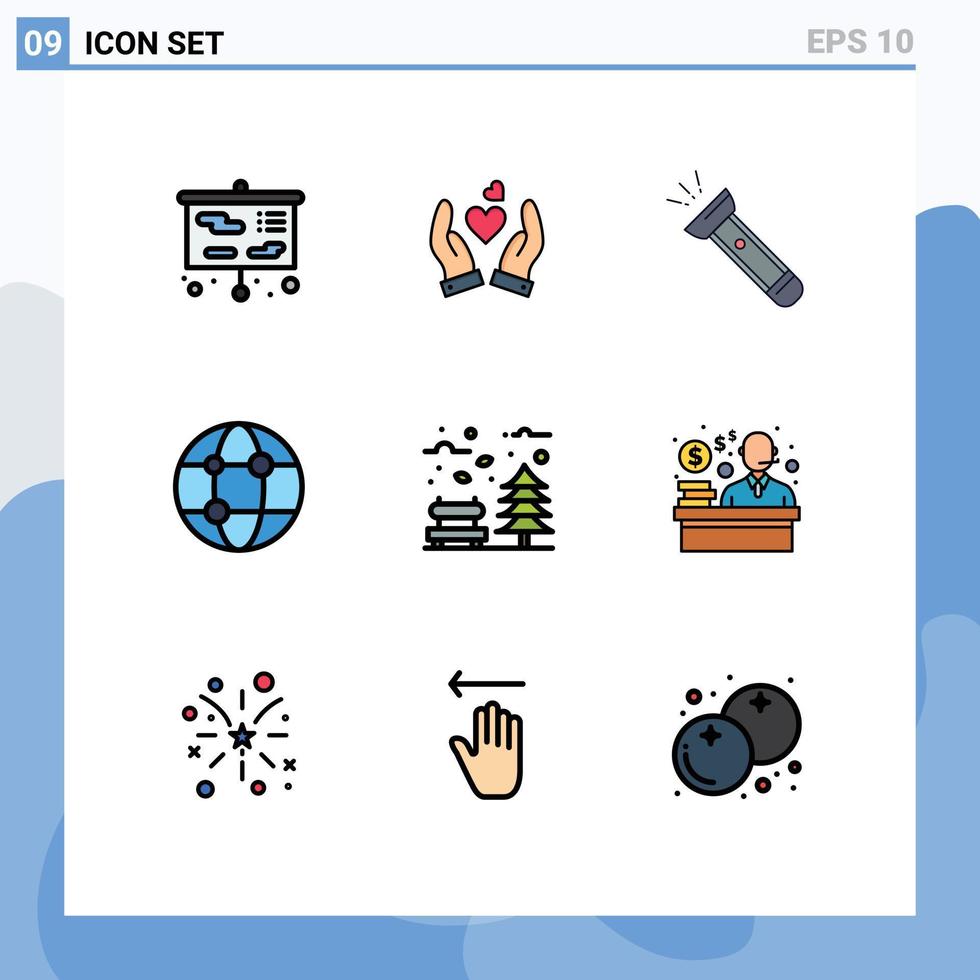 Set of 9 Modern UI Icons Symbols Signs for autumn network torch global hiking Editable Vector Design Elements