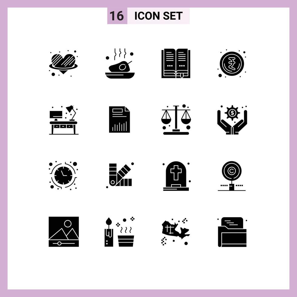 Pack of 16 creative Solid Glyphs of office home roasted rupee indian Editable Vector Design Elements