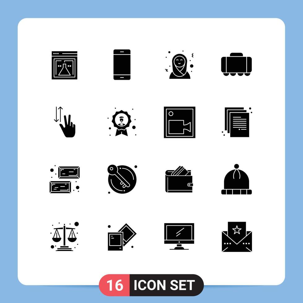 Mobile Interface Solid Glyph Set of 16 Pictograms of two finger iphone vehicle railroad Editable Vector Design Elements