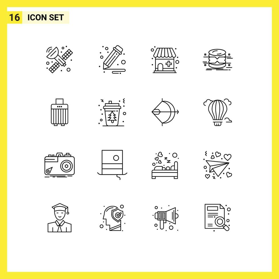 Group of 16 Outlines Signs and Symbols for buy luggage pharmacy bag infographics Editable Vector Design Elements