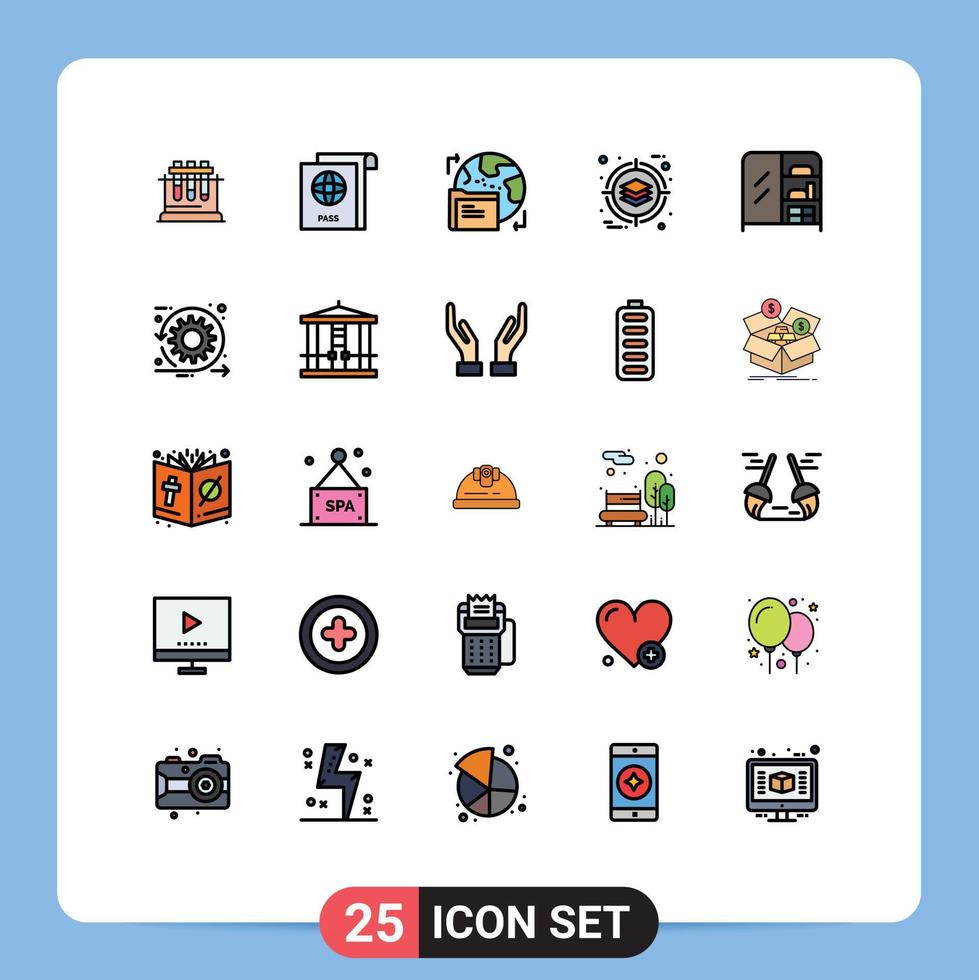 Pictogram Set of 25 Simple Filled line Flat Colors of wardrobe furniture world product deployment Editable Vector Design Elements