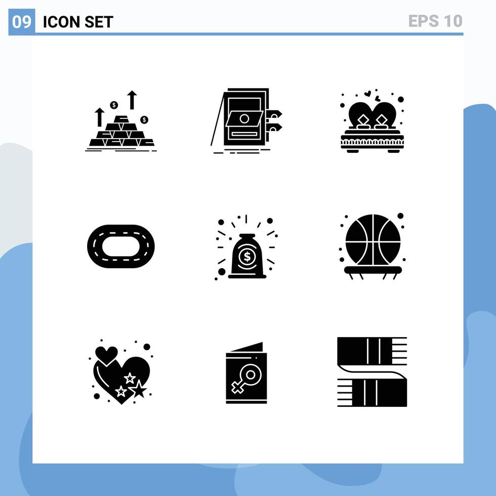 paquete de 9 signos y símbolos de glifos sólidos modernos para medios de impresión web, como el sistema de estadio de cinta rodante, elementos de diseño de vectores editables de amor romántico