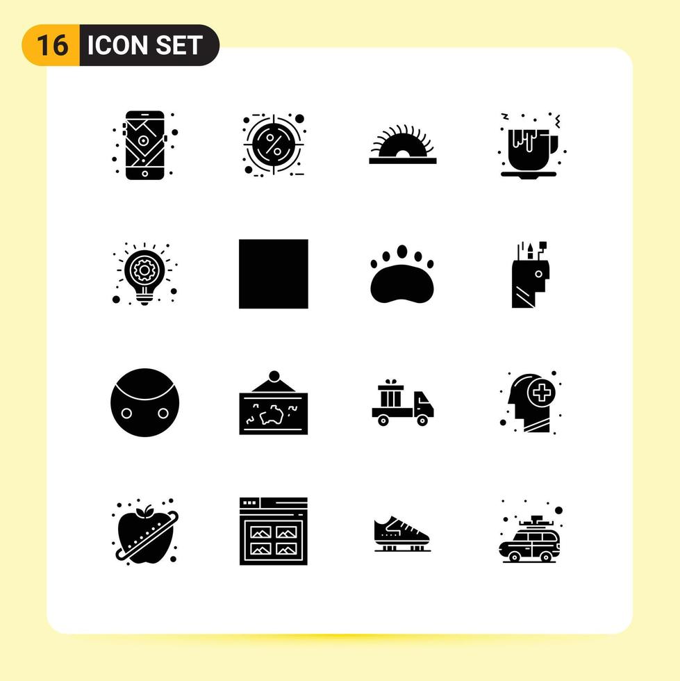 16 Universal Solid Glyph Signs Symbols of bulb fast food target tea utensils Editable Vector Design Elements