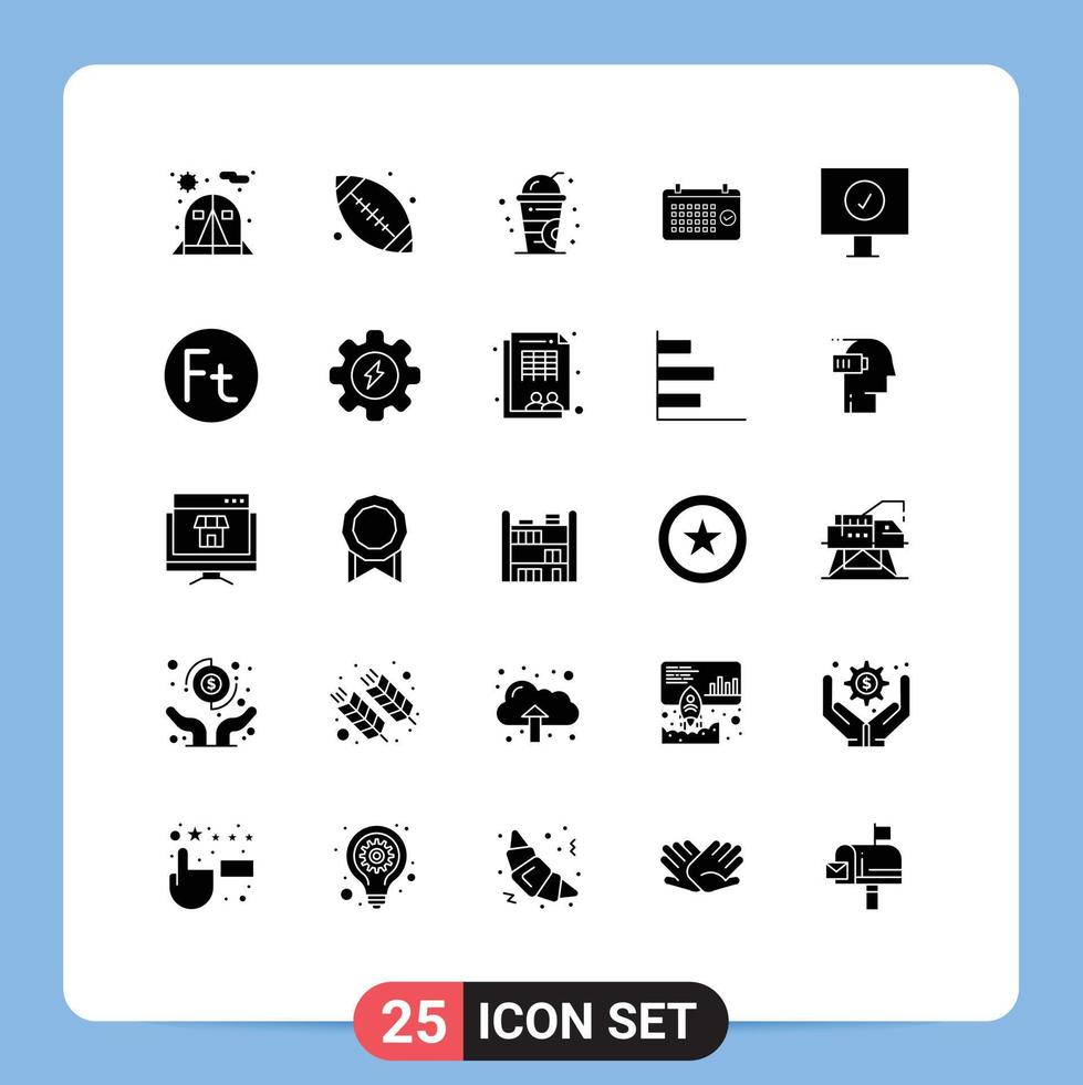 Pack of 25 Modern Solid Glyphs Signs and Symbols for Web Print Media such as protection antivirus drink time mounth Editable Vector Design Elements