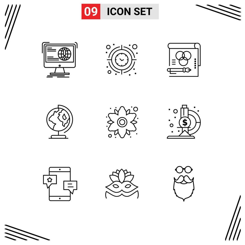 Stock Vector Icon Pack of 9 Line Signs and Symbols for worldwide earth time paper rgb Editable Vector Design Elements