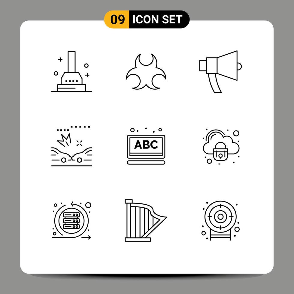 Modern Set of 9 Outlines Pictograph of online abc announcement accidents car Editable Vector Design Elements