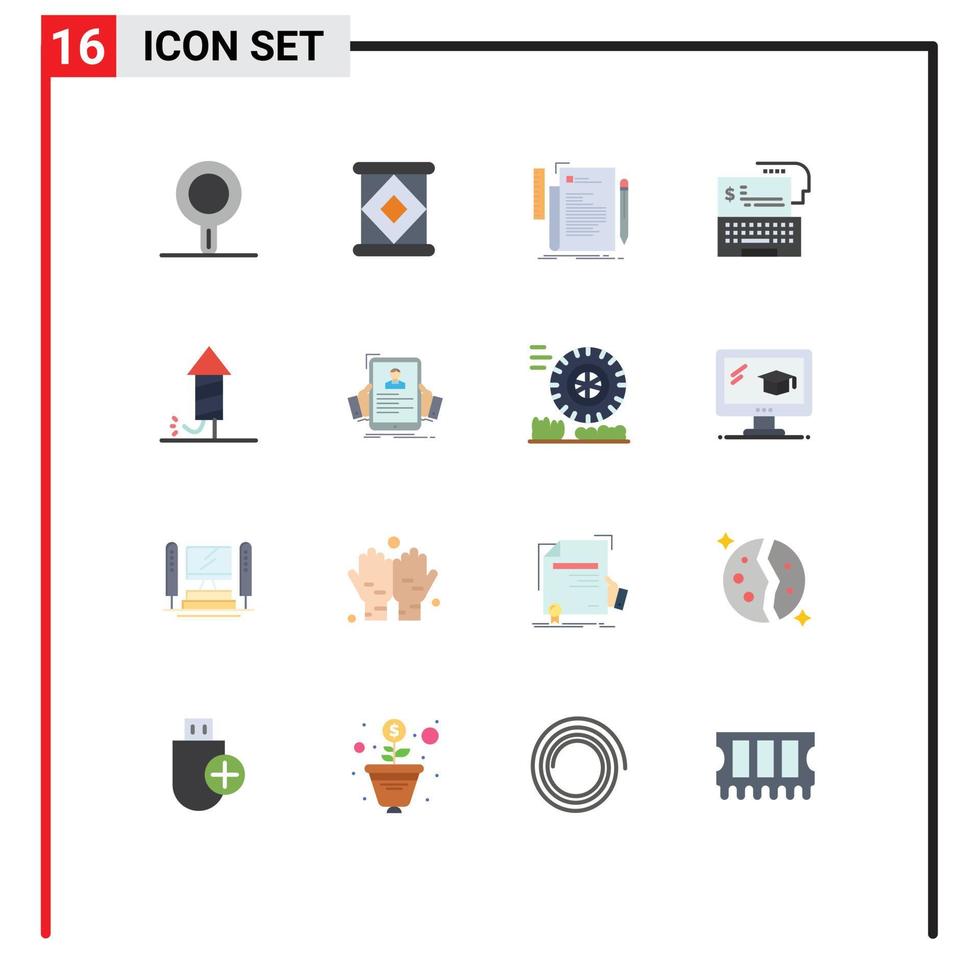 paquete de 16 signos y símbolos de colores planos modernos para medios de impresión web, como el banco de dinero de archivos en línea del festival, paquete editable de elementos creativos de diseño de vectores