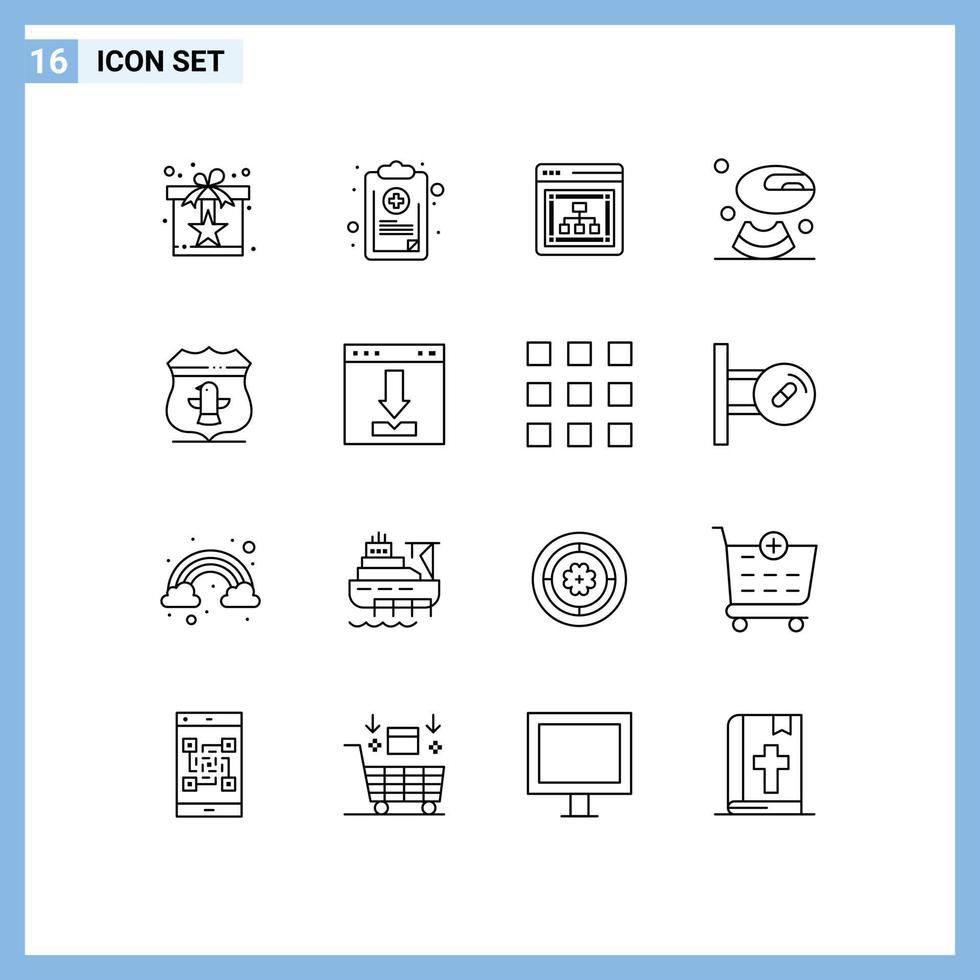 Group of 16 Outlines Signs and Symbols for sheild food medical melon web Editable Vector Design Elements