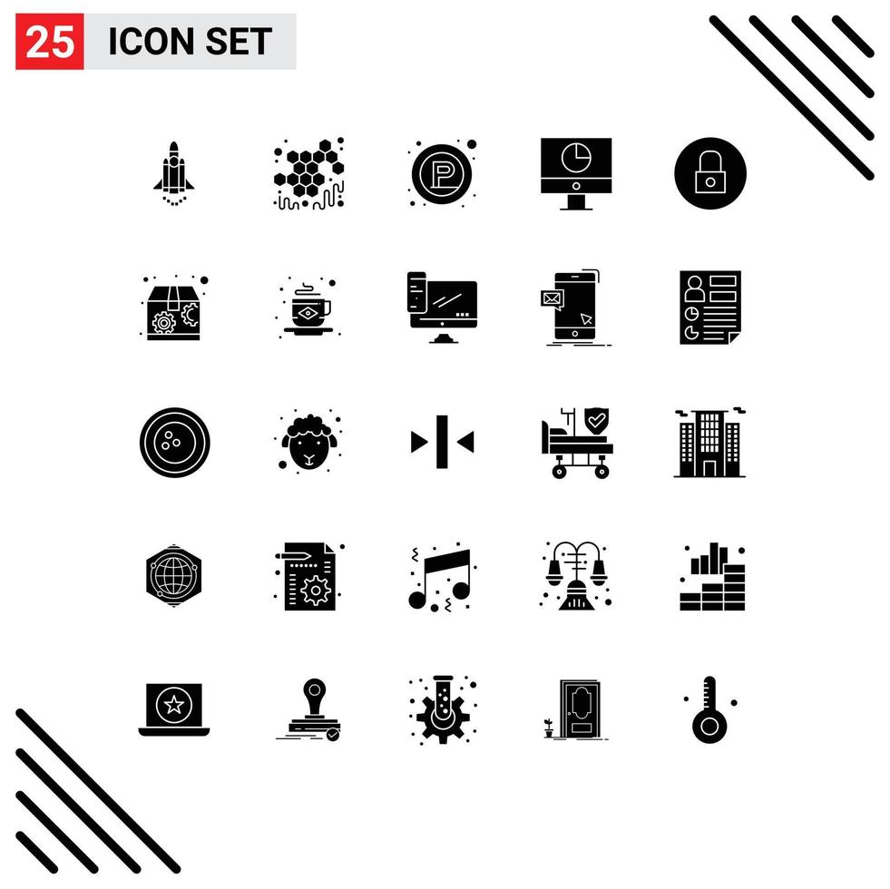 25 Universal Solid Glyphs Set for Web and Mobile Applications lock money parking graph computer Editable Vector Design Elements
