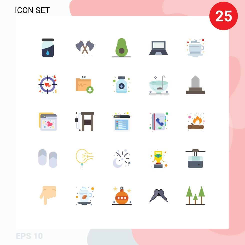 Set of 25 Vector Flat Colors on Grid for coffee laptop avocado hardware devices Editable Vector Design Elements