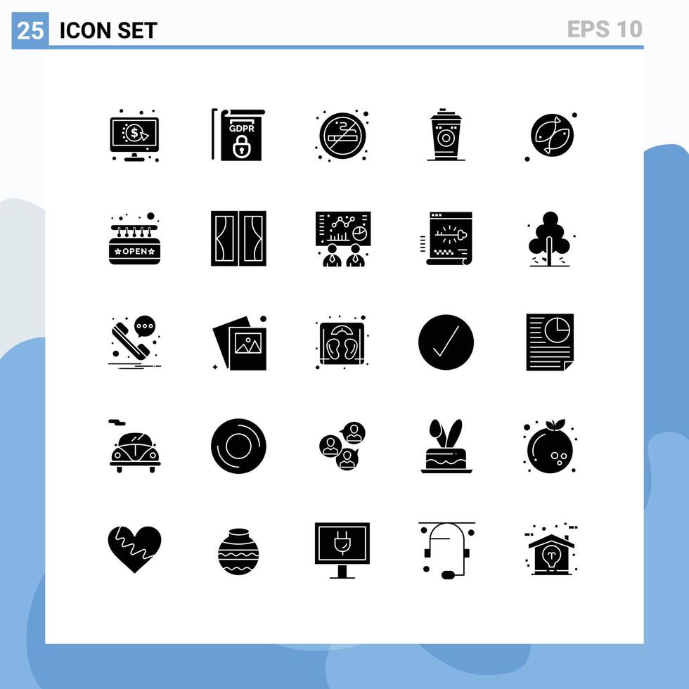 Universal Icon Symbols Group of 25 Modern Solid Glyphs of fish black coffee no starbucks coffee Editable Vector Design Elements