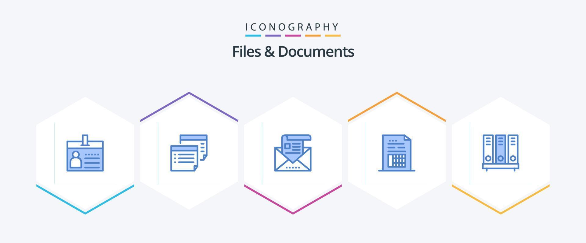 archivos y documentos paquete de 25 íconos azules que incluye documento. cuenta. plan. carta. Email vector