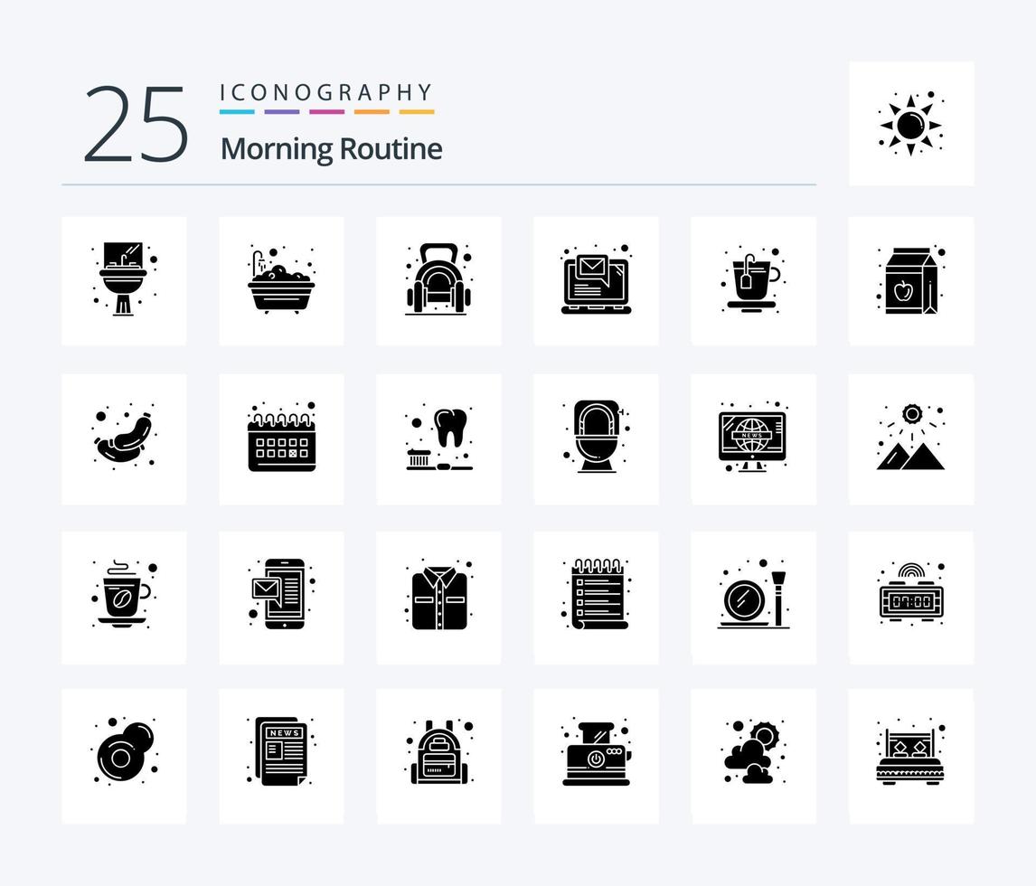 Morning Routine 25 Solid Glyph icon pack including cup. laptop. exercise. email. gym vector