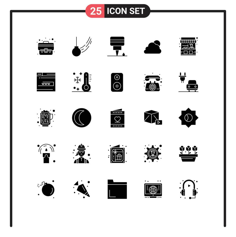 Mobile Interface Solid Glyph Set of 25 Pictograms of stall cloudy motion sun sky Editable Vector Design Elements