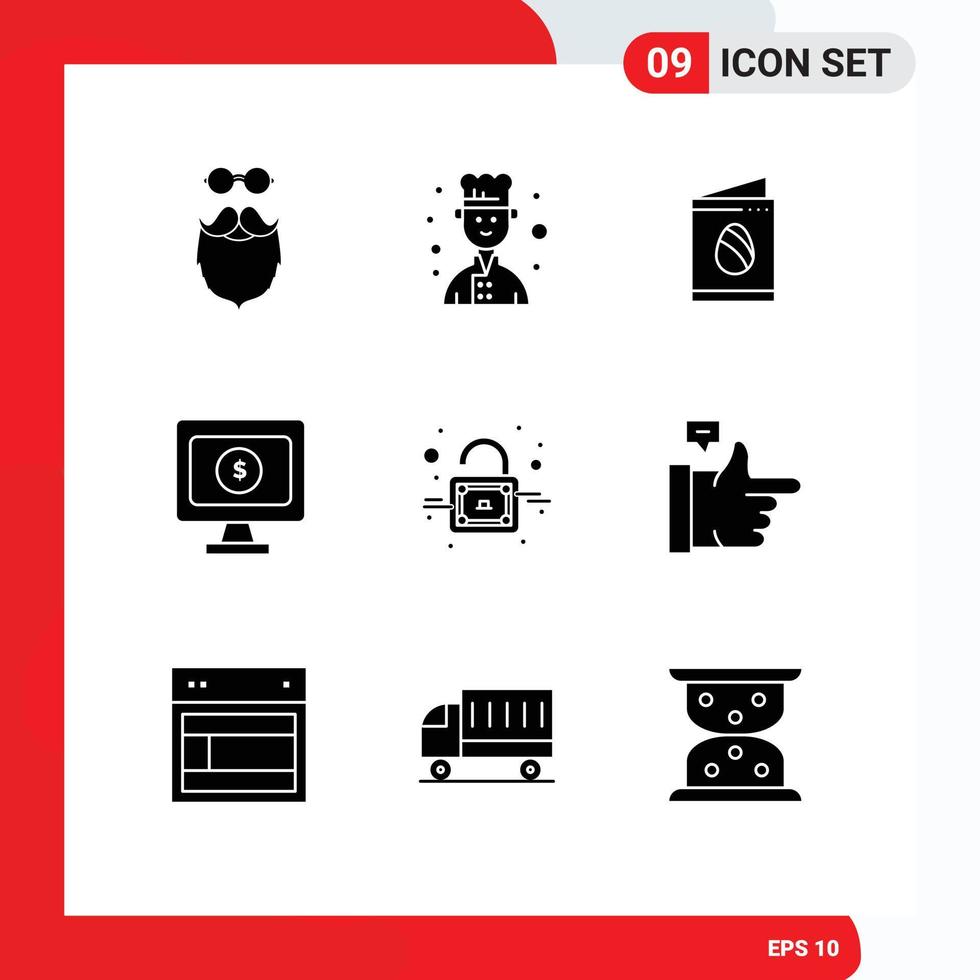 User Interface Pack of 9 Basic Solid Glyphs of unlock lock card online monitor Editable Vector Design Elements