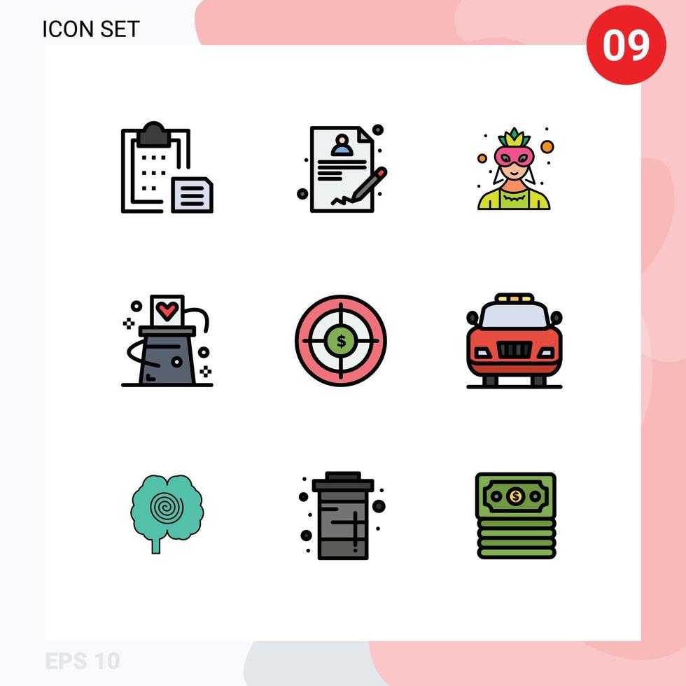 9 Thematic Vector Filledline Flat Colors and Editable Symbols of audience magician mask magic card Editable Vector Design Elements