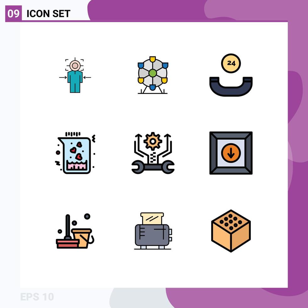 Set of 9 Commercial Filledline Flat Colors pack for setting control all time love flask Editable Vector Design Elements