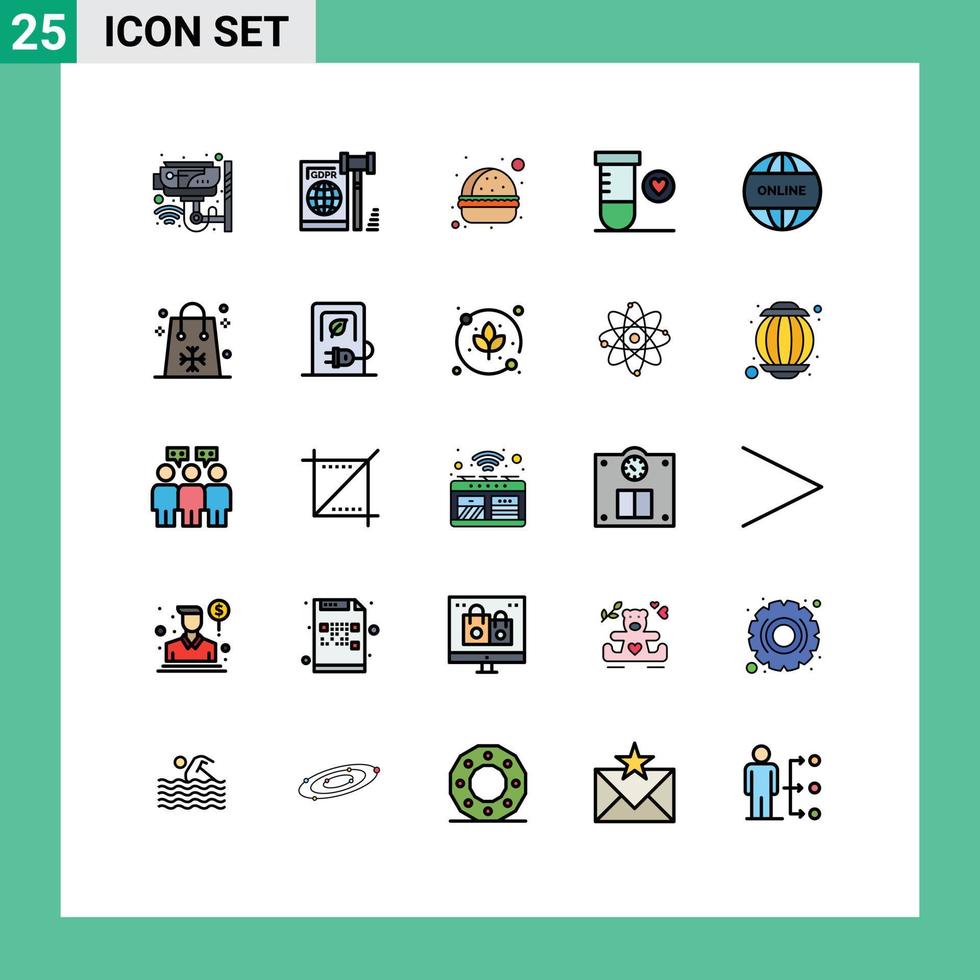 25 User Interface Filled line Flat Color Pack of modern Signs and Symbols of business science law heart hamburger Editable Vector Design Elements