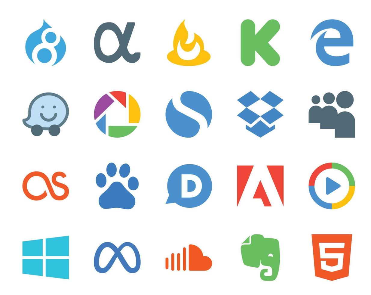 20 Social Media Icon Pack Including meta video dropbox windows media player disqus vector