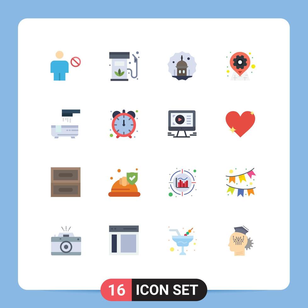 Pack of 16 Modern Flat Colors Signs and Symbols for Web Print Media such as location gear gas pray muslim Editable Pack of Creative Vector Design Elements
