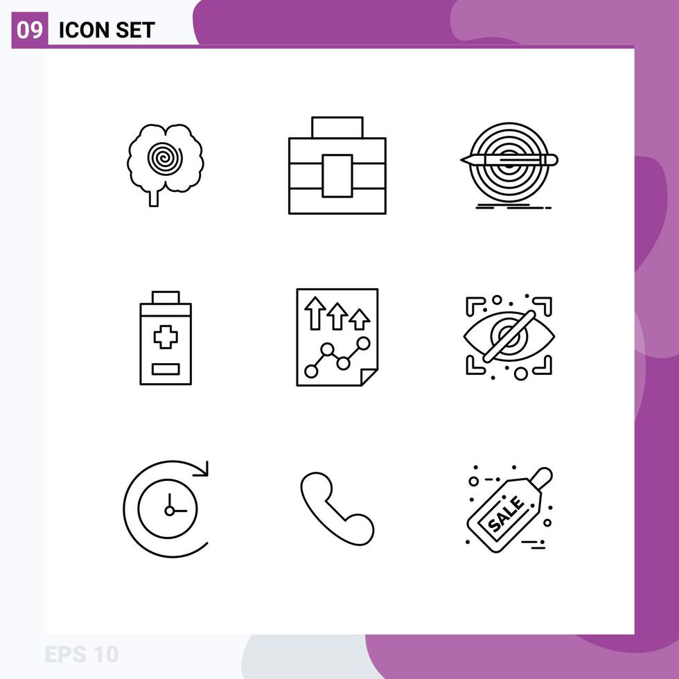 Outline Pack of 9 Universal Symbols of page data goal plus battery Editable Vector Design Elements