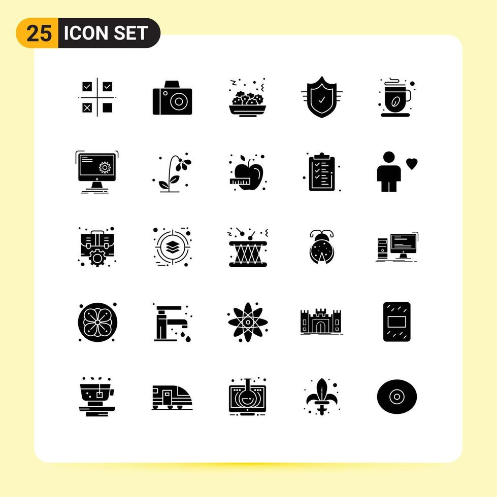 Mobile Interface Solid Glyph Set of 25 Pictograms of tea coffee salad tick protection Editable Vector Design Elements