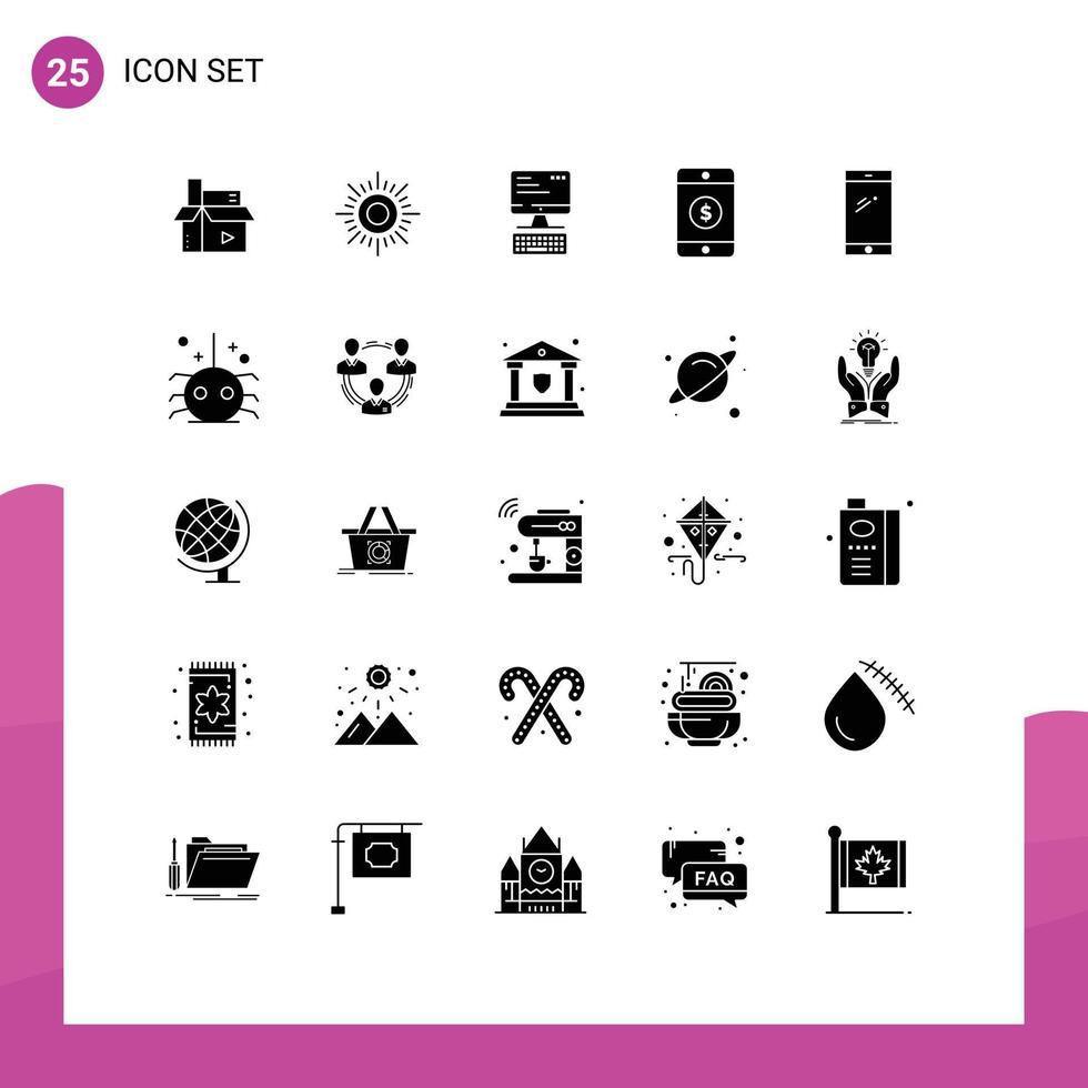 Solid Glyph Pack of 25 Universal Symbols of mobile phone computer sign dollar Editable Vector Design Elements