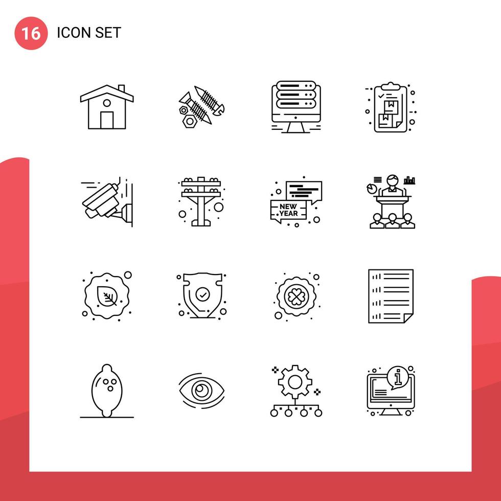 paquete de iconos vectoriales de stock de 16 signos y símbolos de línea para elementos de diseño vectorial editables de cuadro de entrega de monitor de lista de cámara vector