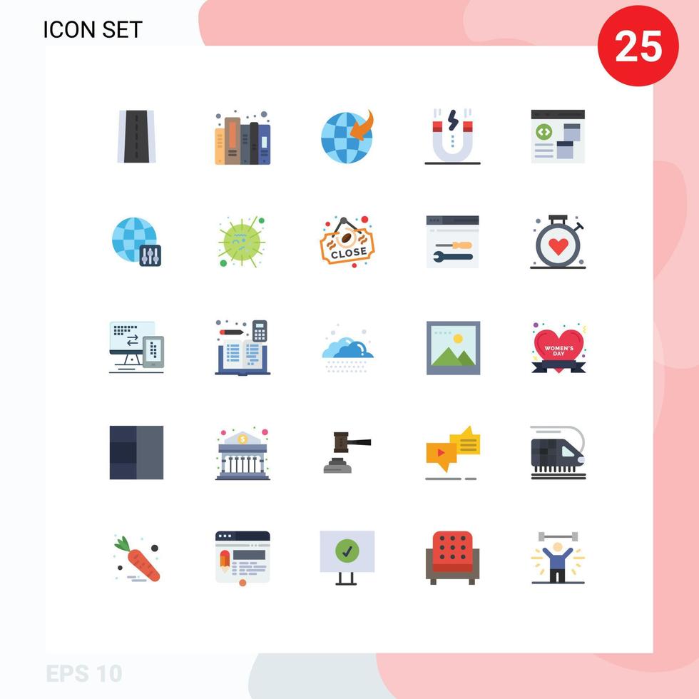 Editable Vector Line Pack of 25 Simple Flat Colors of coding app globe snap interface Editable Vector Design Elements