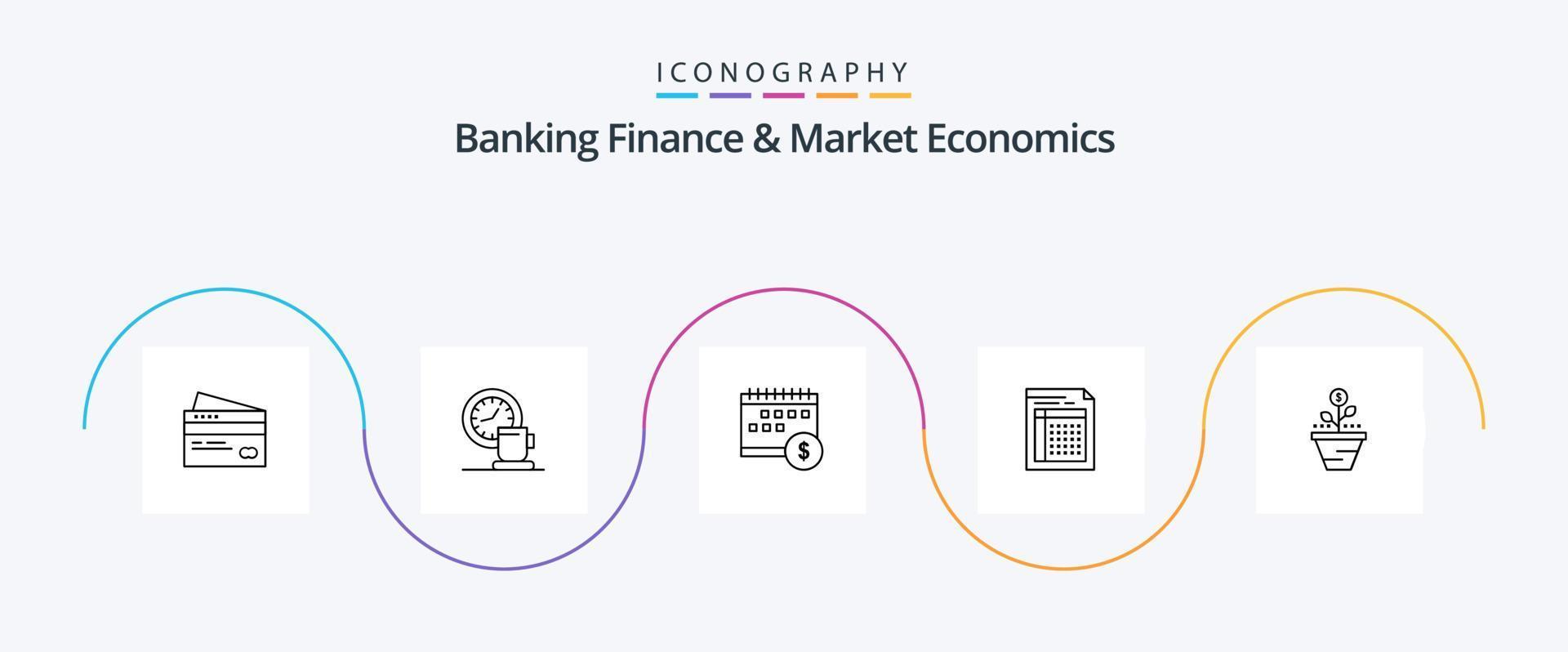 Banking Finance And Market Economics Line 5 Icon Pack Including time. dollar. coffee. banking. event vector