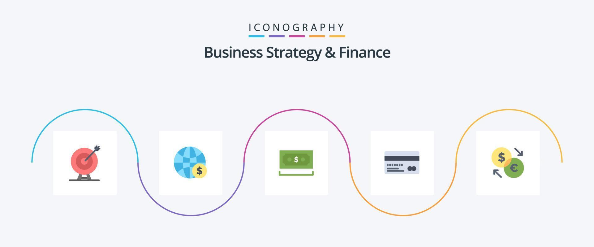 estrategia empresarial y paquete de iconos planos de finanzas 5 que incluye tarjeta de crédito. crédito. dinero. Nota. pago vector