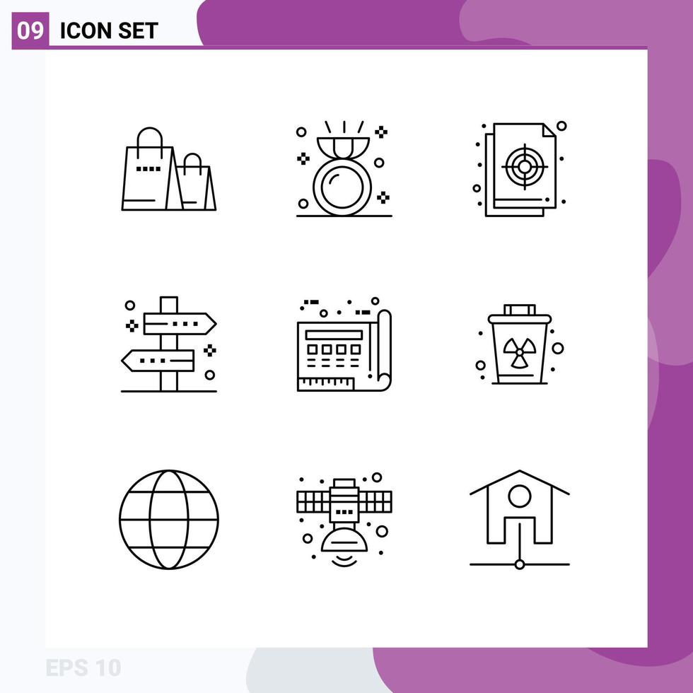 Pack of 9 Modern Outlines Signs and Symbols for Web Print Media such as way tag circular map file Editable Vector Design Elements