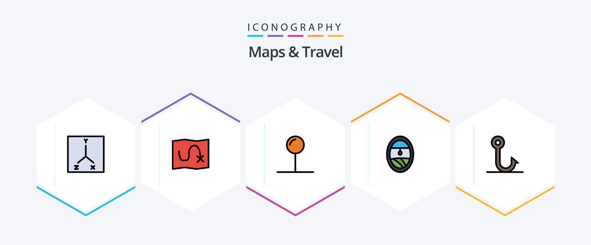 Maps and Travel 25 FilledLine icon pack including . . pointer. hook. fish vector